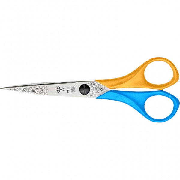 Фото 1: Ножницы Paul 806_02_MiMa 16,1 см оранжево-голубые с нанесенной гравировкой